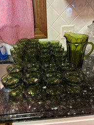 Vintage Green Glasses And Pitcher Lot