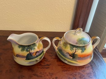 Hand Painted Noritake Nippon Cream And Sugar Set With Lid
