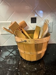 Wooden Utensils Lot In Basket