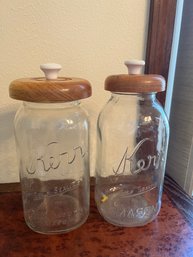 Pair Of Vintage Kerr Glass Mason Jars With Wood Screw Toos