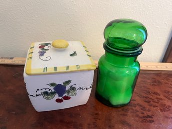 Mixed Lot - Covered Square Jar / Dish & Green Glass Jar W Stopper