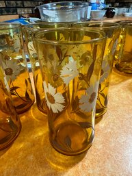 Lot Of Five Vintage Amber Glass Tumblers With Daisy Design