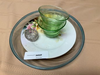 Green Etched Floral Depression Glass Bowls & Plates Lot