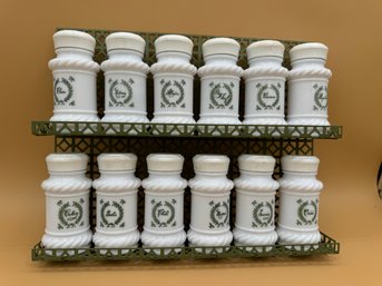 Full Set Of Vintage Milk Glass Spice Containers And Original Rack