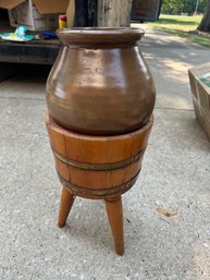 Antique Salt Glaze Pot On Wood Stand