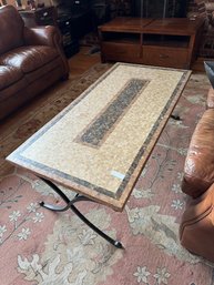 Arhaus Travertine Marble Mosaic Coffee Table Wrought Iron Base