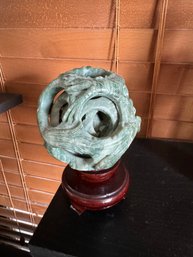 Nature Green Jade Hand Carved 4 Layers Sphere Puzzle Ball Magic Lucky Dragon Phoenix Totem With Wood Stand