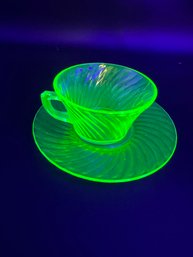 Vintage Green Uranium / Vaseline Glass Anchor Hocking Spiral Coffee Cup And Saucer