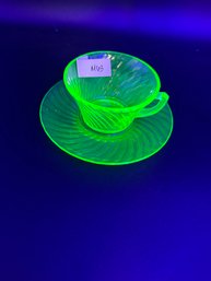 Vintage Green Uranium / Vaseline Glass Anchor Hocking Spiral Coffee Cup And Saucer