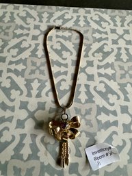 Vintage Unsigned Rhinestone Bow Pin Pendant Necklace Set