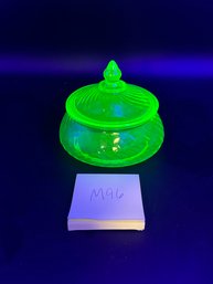 Glowing Uranium Glass Green Depression Powder Jar With Lid