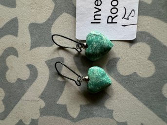 Carved Natural Green Stone Heart Shaped Earrings (Lot #15Sh)