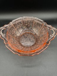 Beautiful Cherry Blossom Pattern Pink Depression Glass Handled Serving Bowl