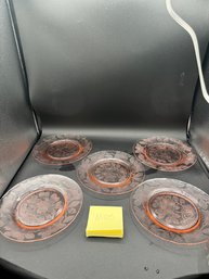 Lot Of 5 Cherry Blosson Pink Depression Glass Plates