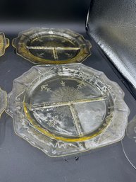 Lot Of Four Anchor Hocking Princess Pattern Depression Glass Yellow Divided Plates