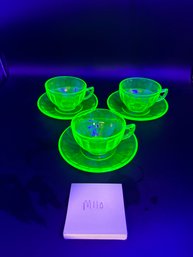 Lot Of 3 Federal Glass Vintage Uranium Glass Green Depression Glass Cup And Saucer Sets