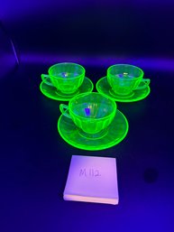 Lot Of 3 Federal Glass Vintage Uranium Glass Green Depression Glass Cup And Saucer Sets