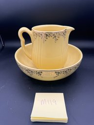 Vintage Hall China Yellow & Gold Pitcher And Bowl Set