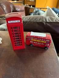 British Themed Miniatures Lot - London Bus And Telephone Booth