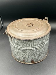 Grey Enamel Wear Handled Pot / Pan With Lid