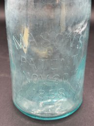 Antique Teal Glass Masons Patent Nov 30th 1858 Jar With Lid