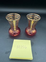 Lot Of Two Small Red Flashed & Gold Vases