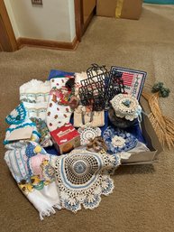 Box Lot Of Misc Items - Doilies, Towels, Decor & More!