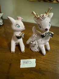 Charming Lot Of Two Vintage Pink Rhinestone Embellished Deer Figurines