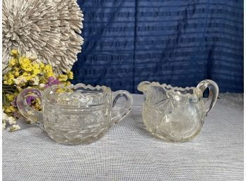 Antique Etched Flower Glass Creamer And Sugar