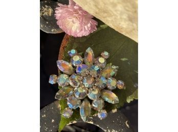 Vintage Blue Aurora Borealis Brooch Pin ( With Bonus Single Earring )