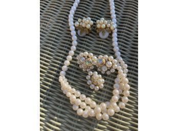 Vintage Faux Pearl Costume Jewelry Lot - Two Clip Earrings & Necklace