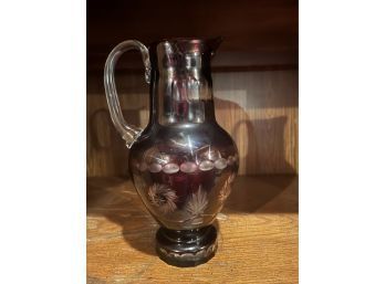 Antique Bohemian Czech Ruby Cut To Clear Bulbus Pitcher With Applied Handle