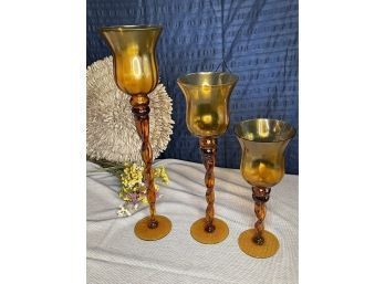 Set Of 3 Tall Amber Glass Candle Holders / Home Decor