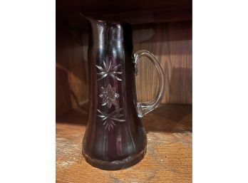 Tall Antique Bohemian Czech Ruby Red Cut To Clear With Applied Handle Pitcher