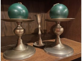 Lot Of Three Vintage Brass Candle Sticks And Two Round Green Candles