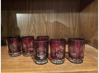 Lot Of Six Ruby Red Bohemian Czech Cut To Clear Drinking Glass /  Glasses