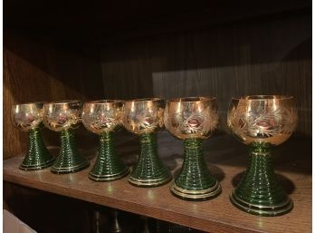 Stunning Antique Bohemian Green Glass & Gold Etched Goblet Lot - Six Stems