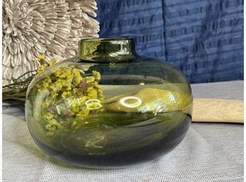 Large Green Glass Squat Bud Vase