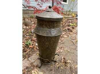 Tall Ornate Design Metal Lidded Jar / Decorative Vessle