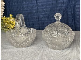 Pressed Glass Candy Dish & Basket With Rose Pattern