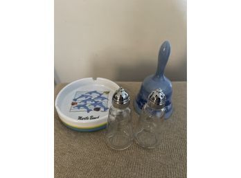 Four Piece Lot - Myrtle Beach Ash Tray, Bell And Etched Glass Salt & Pepper