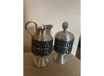 Vintage Norsk Tinn Pewter Cream And Sugar With Lid - Marked And Numbered