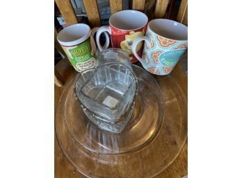 Clear Glassware And Three Coffee Mug Lot