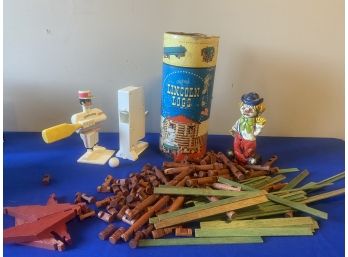 Vintage Toy Lot, Lincoln Logs, Super Jocks, Clown Bank