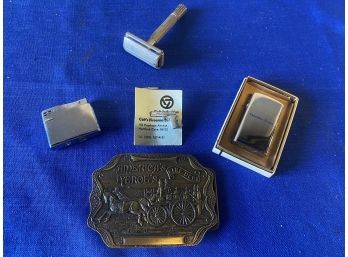 Vintage Mens Lot With Brass Fireman Belt Buckle, Pewter Colt Tie Pin, Zippos, Gillette Razor