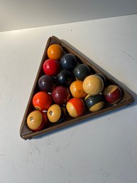 Set Of Vintage Billiard Balls With Rack