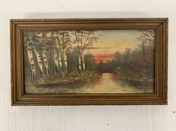 Oil On Canvas -sunset And Birches By Grace Anderson Lewiston Maine -