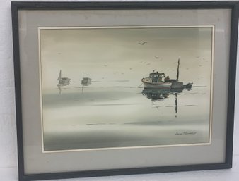 Leon Phinney Signed Watercolor - Lobster Boat - 15x21 - 21x27 Framed