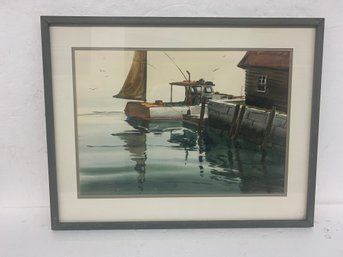 Leon Phinney Signed Painting - Lobster Boat At Dock - 15x21 , 21x27 Framed