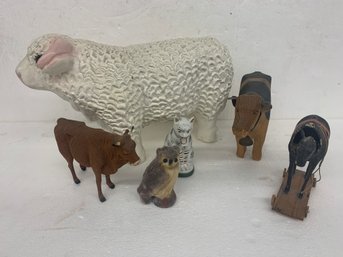 Lot Of Misc Animal Figures Including Felt Cow - Nodding Head Donkey As Is - Lg Sheep Bank - Etc